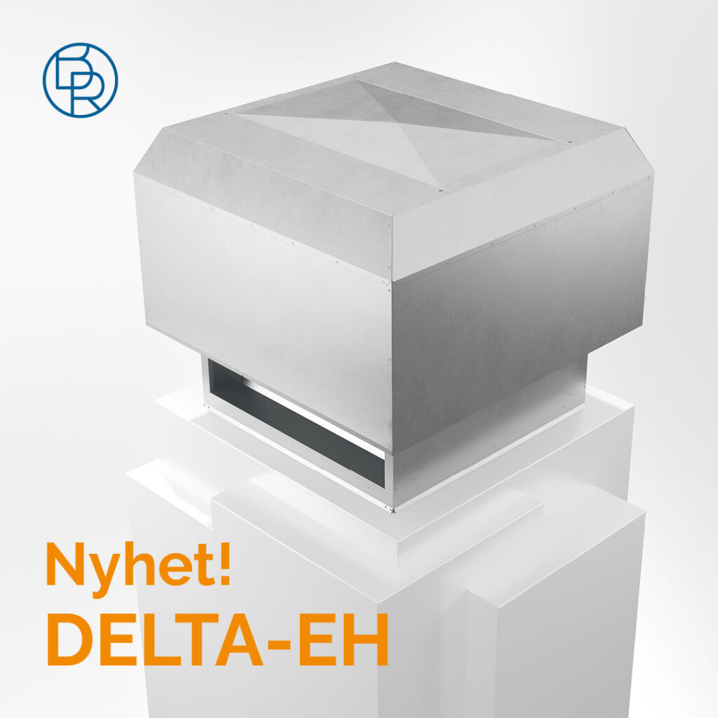 silvrig avluftshuv i metall med en fyrkantig design och en logotyp i övre vänstra hörnet. Texten "Nyhet! DELTA-EH" är placerad nedanför.